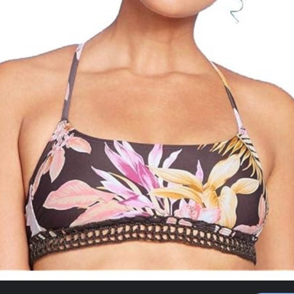 Xhilaration Black Floral Bikini Top Crochet Trim Bralette Tropical Swim - Picture 1 of 6
